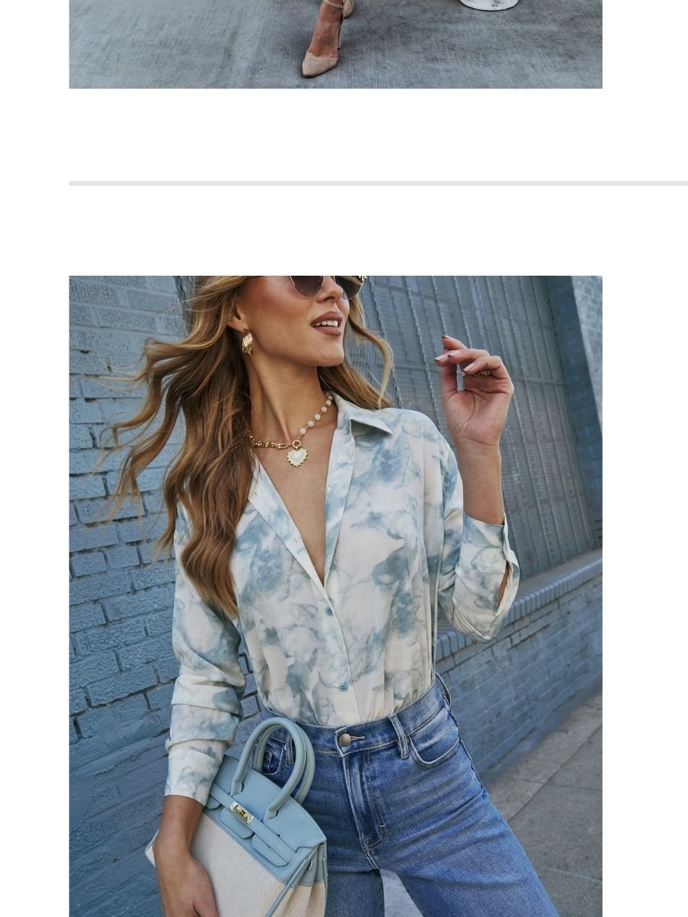 Light Blue Marble-Print Button Down Shirt by